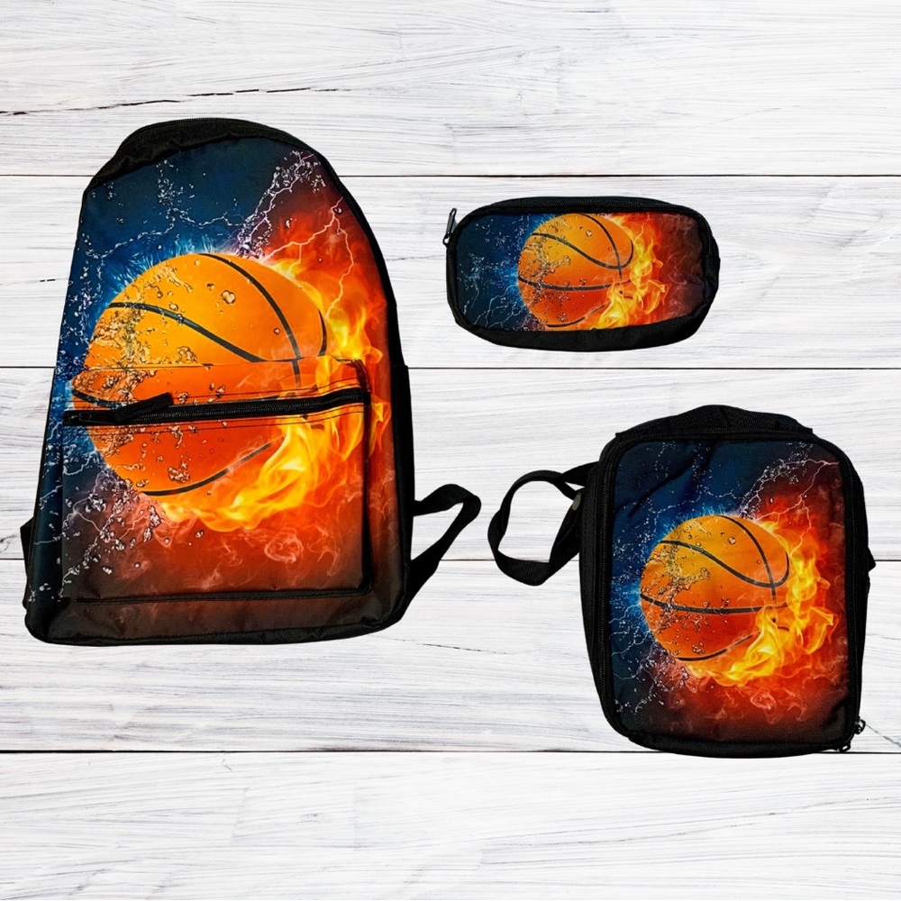NWOT - Kid’s backpack set, basketball design with water and flames (3 pieces)